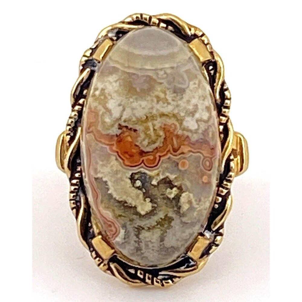 Vintage Gold Filled Crazy Lace Agate Ring Oval Statement Sz 6